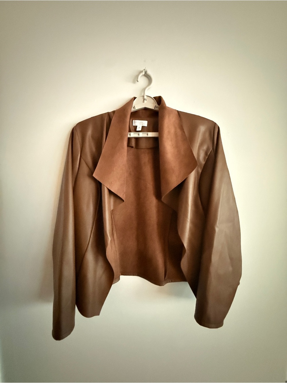 Morgan Taylor Brown Draped Leather-Style Open-Front Jacket